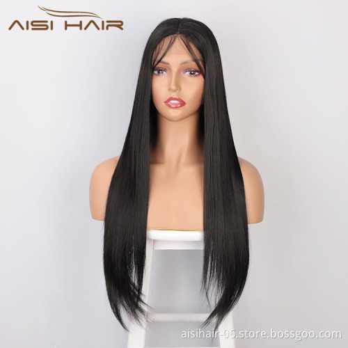 Aisi Hair Long Natural Straight Black Wig With Baby Hair Bangs Swiss Lace Wig Synthetic Lace Frontal Hair Wigs For Black Women